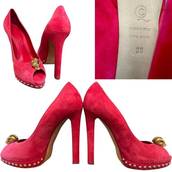 AUTHENTIC ALEXANDER MCQUEEN RED PUMPS HEELS CRYSTAL SKULL SUEDE RARE US 8/38 - Picture 6 of 7